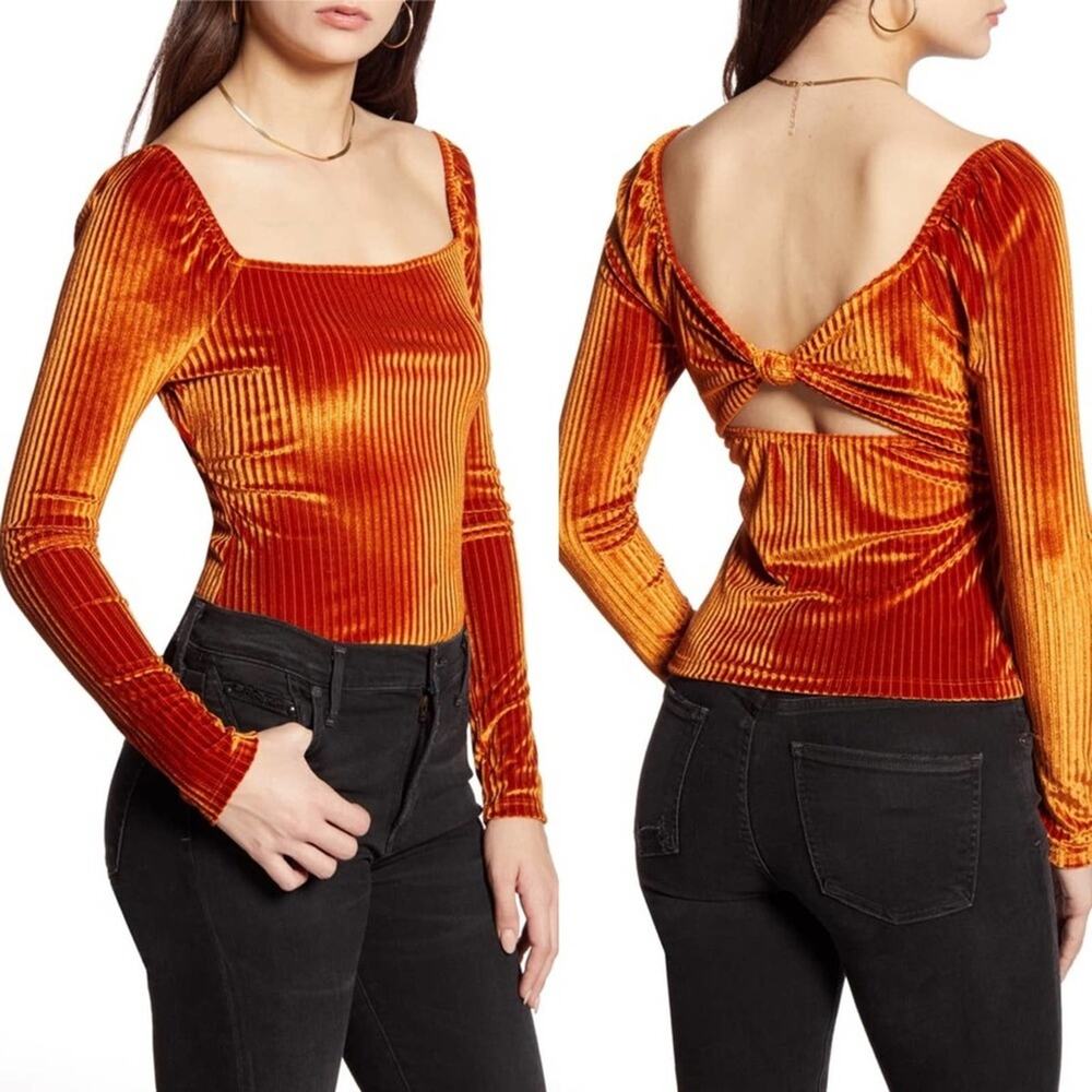 NWT All In Favor Orange Ribbed Velvet‎ Bow Back Top